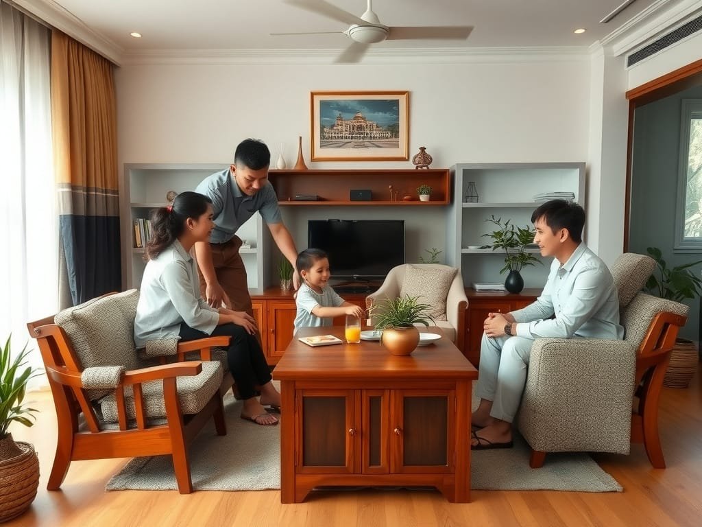 8 Mẹo Tăng Độ Bền Cho Ghế Bố Bạn Không Thể Bỏ Qua Gia đình Việt thưởng thức phòng khách với nội thất gỗ bền.