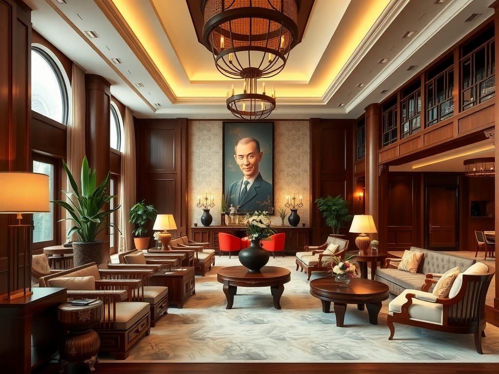 Khám Phá Gỗ Xoan Ta Là Gì? Tất Tần Tật Về Gỗ Xoan Ta Sảnh khách sạn Việt Nam sang trọng với nội thất gỗ Xoan Ta.