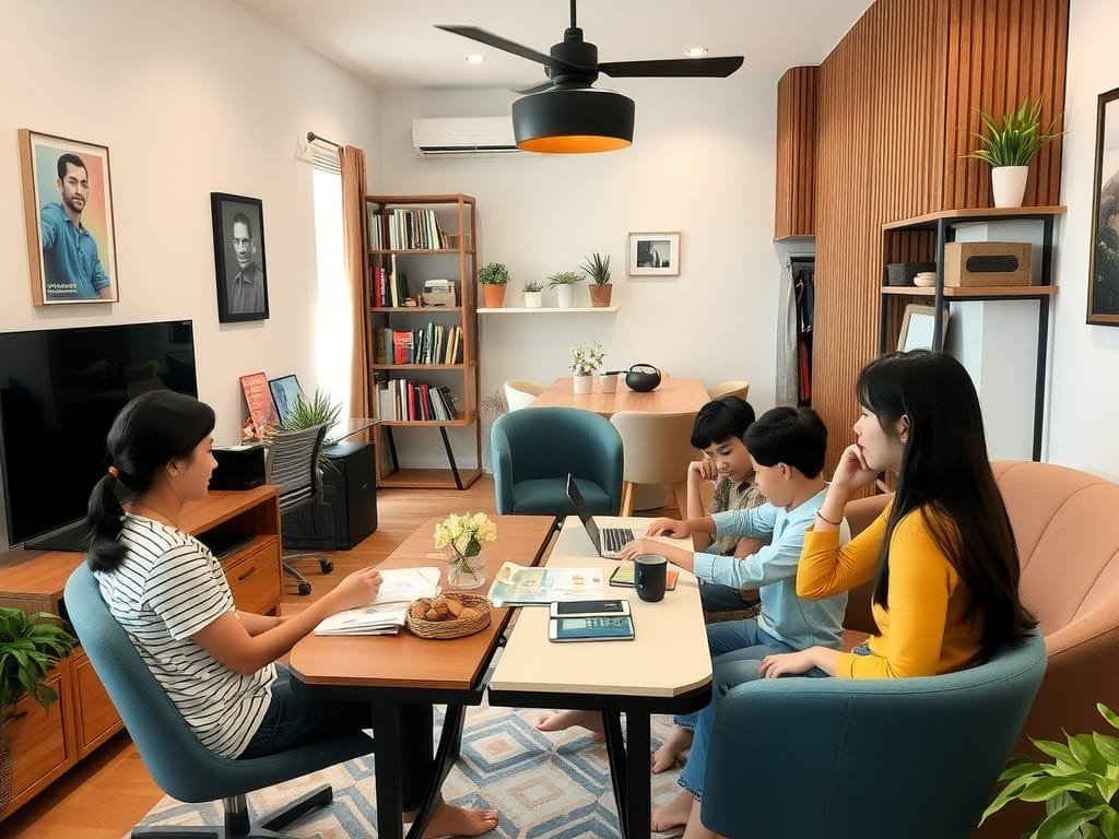 7 Cách Đặt Bàn Làm Việc Thu Hút Tài Lộc Cho Không Gian Sống Gia đình Việt hưởng thụ không gian văn phòng đa chức năng.