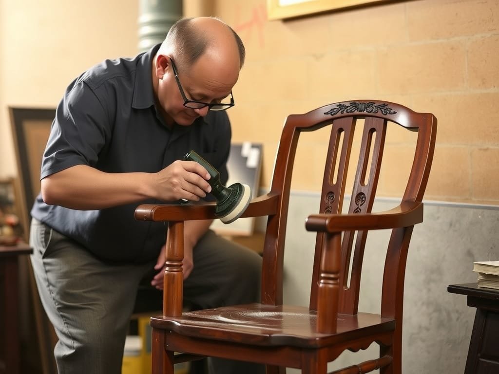 Nghệ nhân đánh bóng chiếc ghế gỗ Xoan Đào.