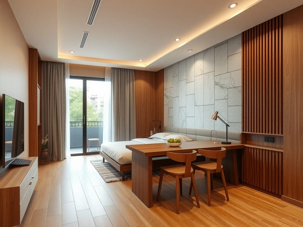 Căn hộ Việt Nam hiện đại với sàn và phụ kiện gỗ lim.