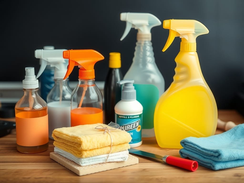 Các sản phẩm lau dọn trên bàn gỗ.