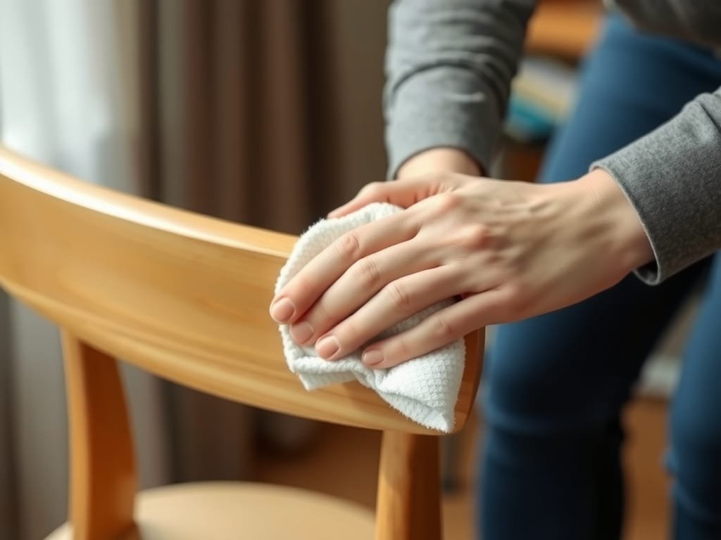 8 Mẹo Tăng Độ Bền Cho Ghế Bố Bạn Không Thể Bỏ Qua Cận cảnh vệ sinh ghế gỗ bằng vải mềm.