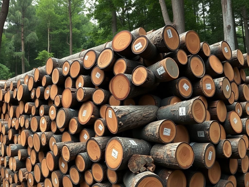 Khám Phá Gỗ Óc Chó: Đặc Điểm Và Công Dụng Trong Nội Thất Đống gỗ Óc Chó tròn nguyên liệu dán tem tại xưởng