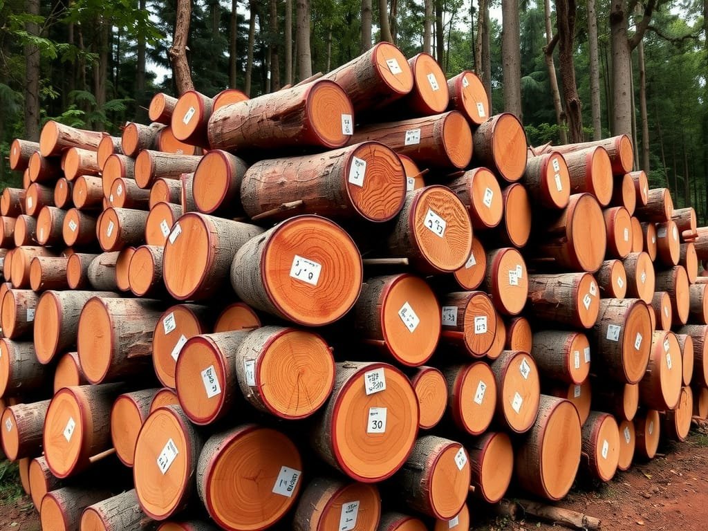 Đống gỗ Hương tròn nguyên liệu dán tem tại xưởng