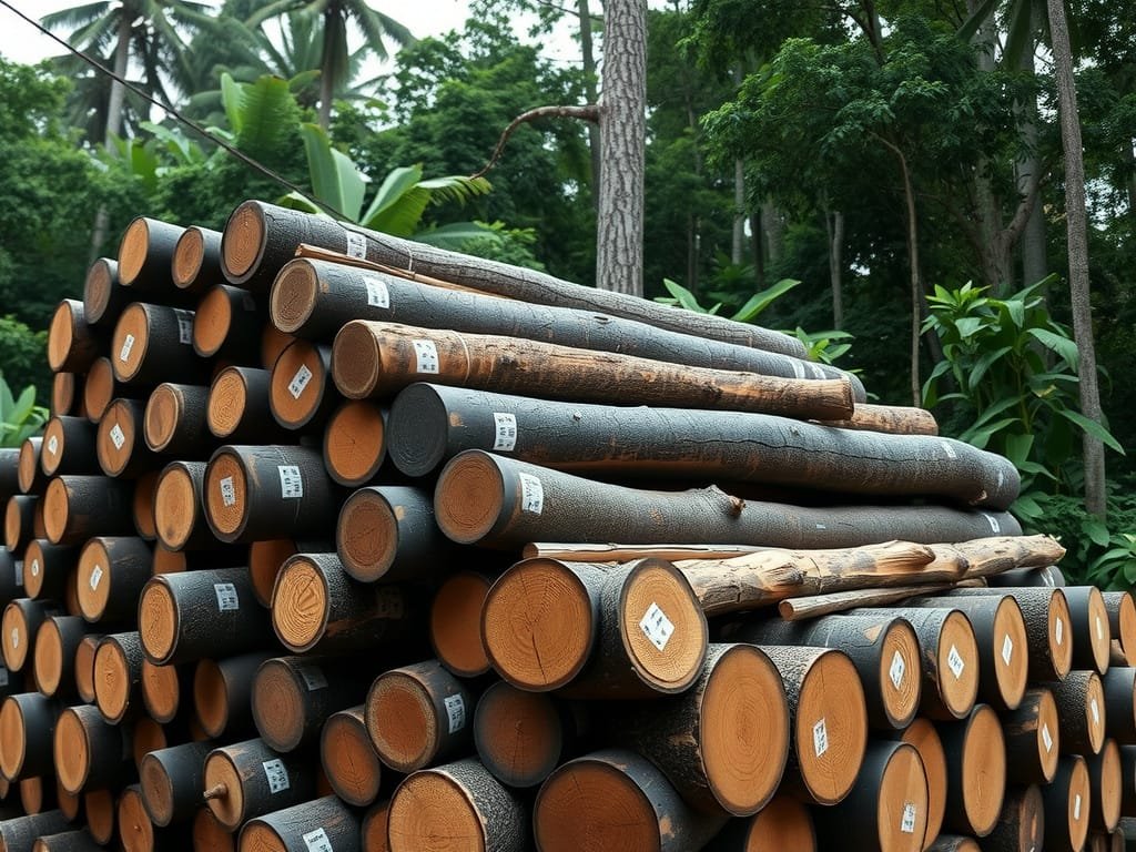 Tìm Hiểu Gỗ Mun Là Gì Và Những Ứng Dụng Thực Tiễn Trong Nội Thất Đống gỗ Mun tròn nguyên liệu dán tem tại xưởng