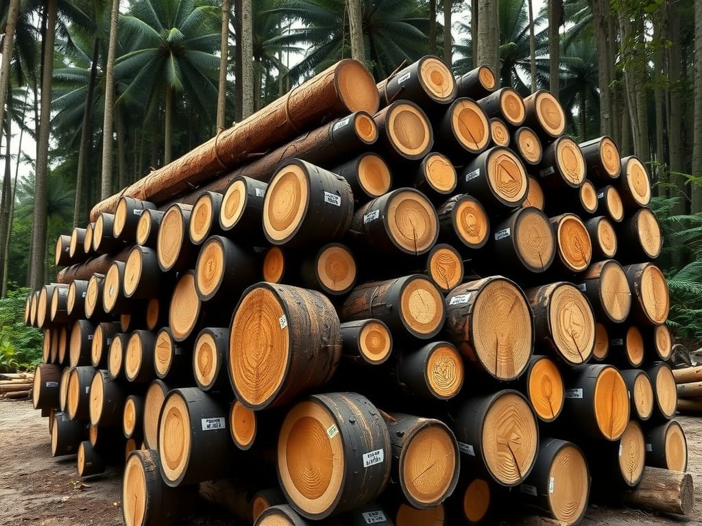 Đống gỗ Lim tròn nguyên liệu dán tem tại xưởng