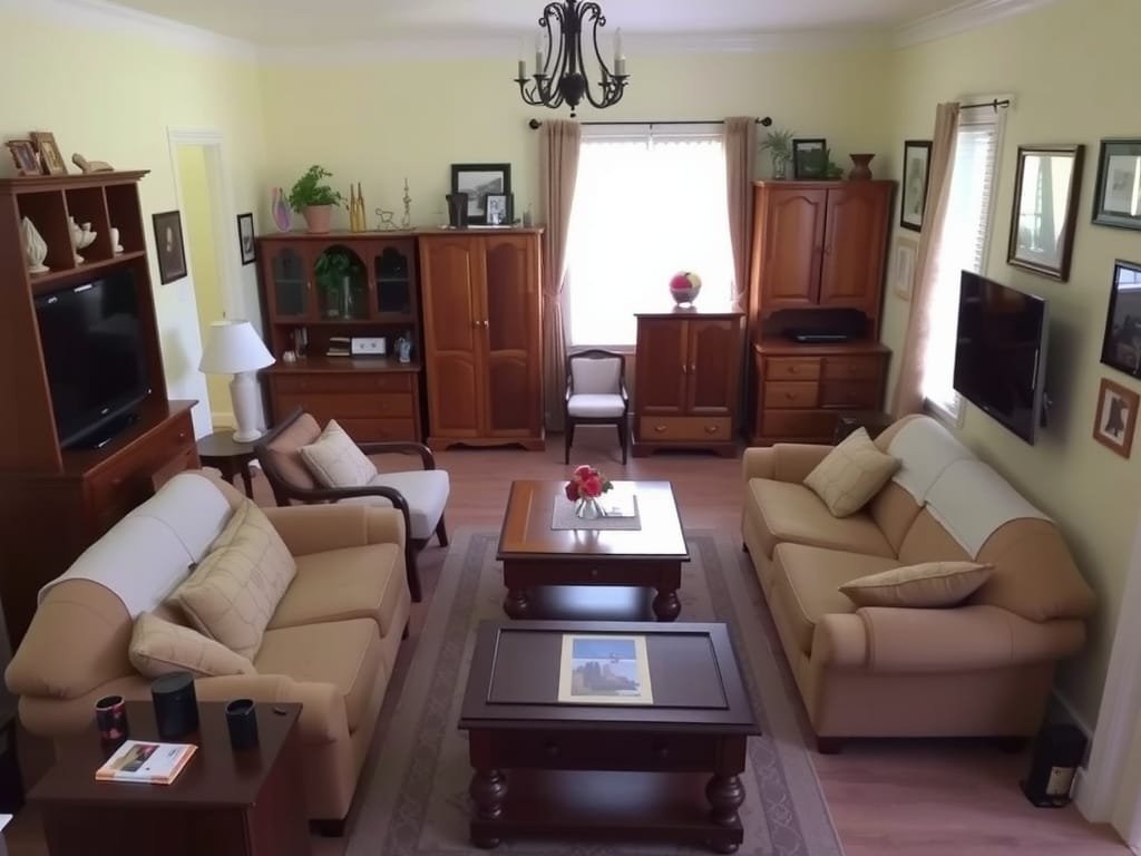 8 Mẹo Tăng Độ Bền Cho Ghế Bố Bạn Không Thể Bỏ Qua Phòng khách gọn gàng với nhiều sản phẩm nội thất gỗ.
