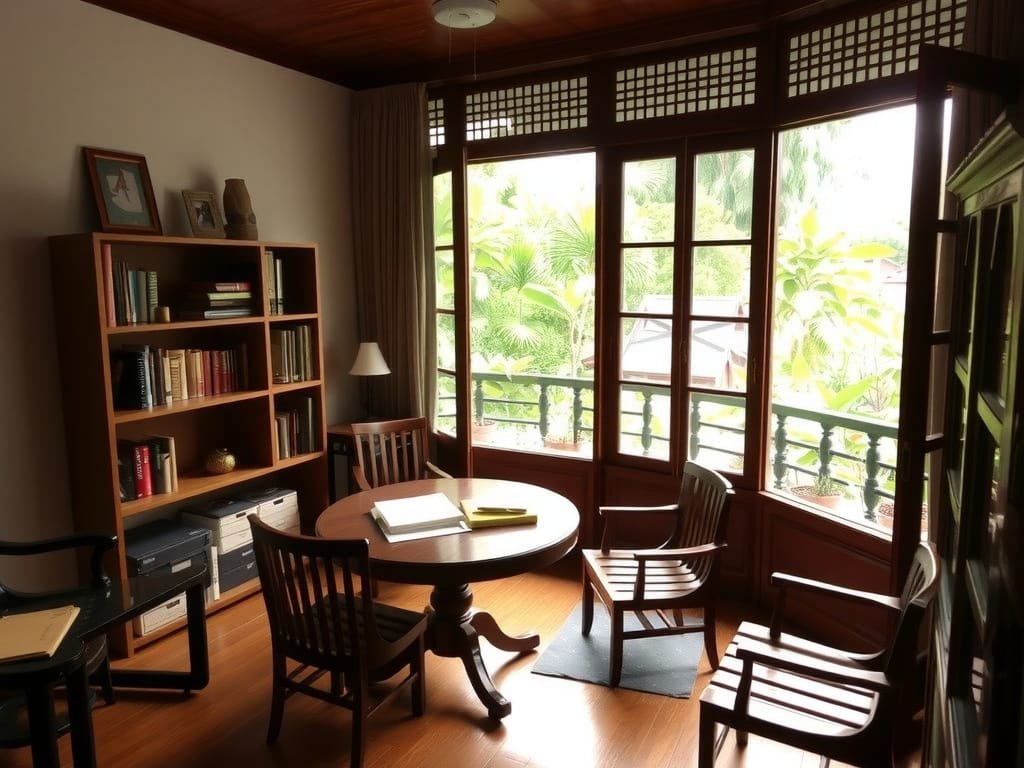 7 Cách Đặt Bàn Làm Việc Thu Hút Tài Lộc Cho Không Gian Sống Góc học tập ấm cúng tại Việt Nam với tầm nhìn ra vườn.