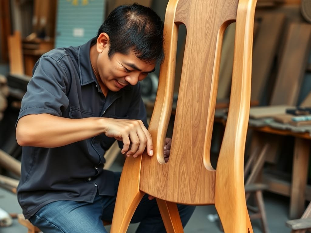Thợ thủ công kiểm tra khớp nối ghế gỗ