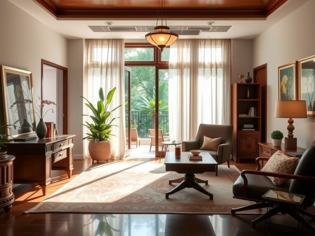 7 Cách Đặt Bàn Làm Việc Thu Hút Tài Lộc Cho Không Gian Sống Văn phòng villa Việt Nam thanh lịch với ánh sáng tự nhiên.
