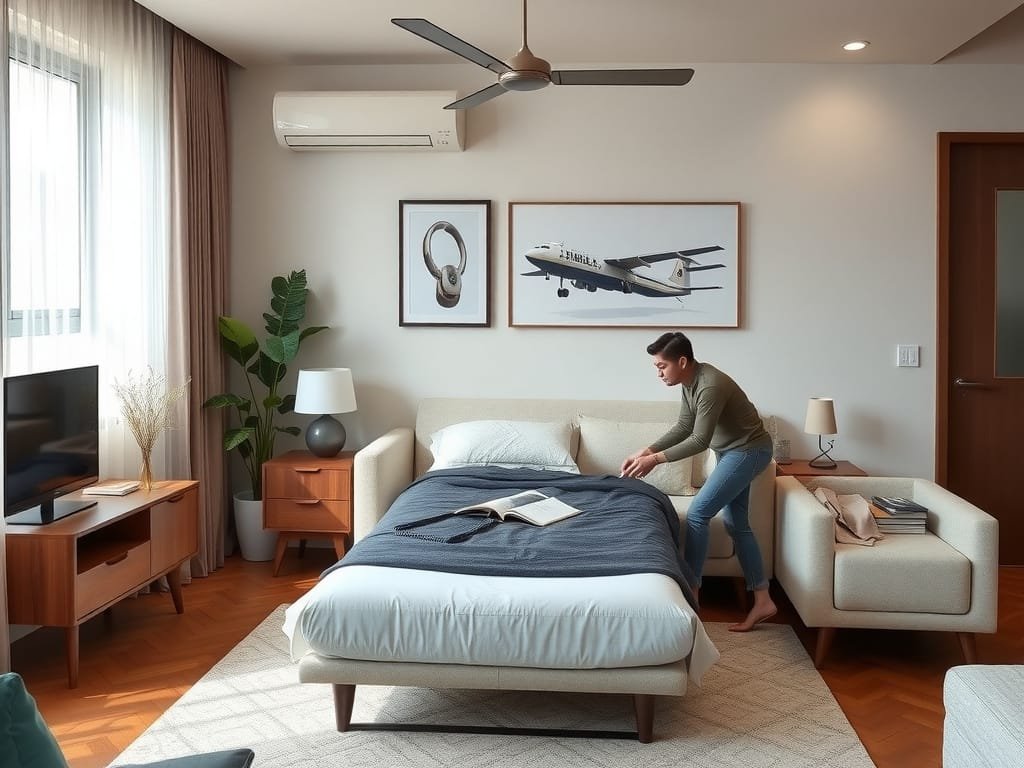 Người Việt Nam đang sắp xếp giường xếp trong phòng khách