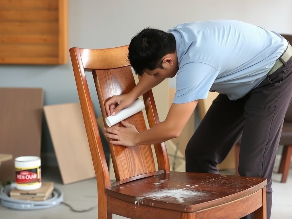 8 Mẹo Tăng Độ Bền Cho Ghế Bố Bạn Không Thể Bỏ Qua Người Việt đang đánh bóng ghế gỗ.