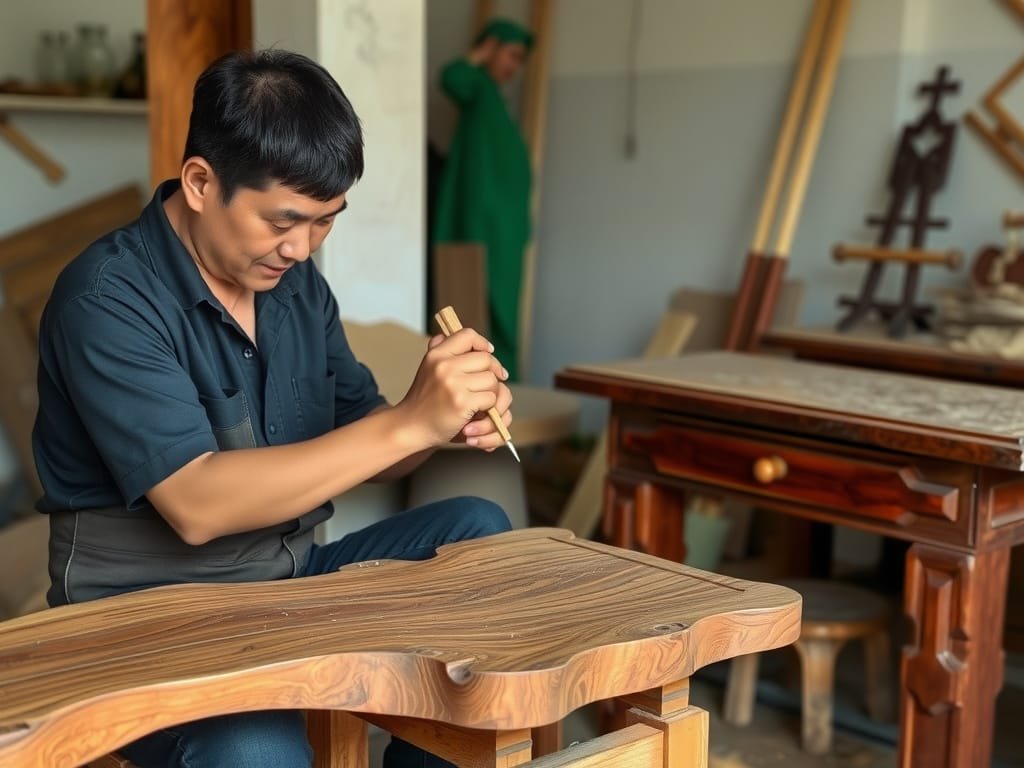 Khám Phá Gỗ Xoan Ta Là Gì? Tất Tần Tật Về Gỗ Xoan Ta Thợ thủ công Việt Nam đang làm đồ nội thất từ gỗ Xoan Ta.