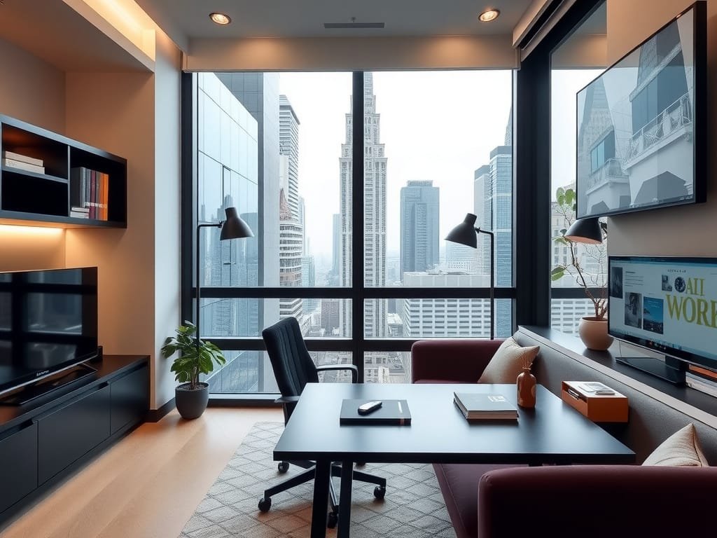 7 Cách Đặt Bàn Làm Việc Thu Hút Tài Lộc Cho Không Gian Sống Căn hộ thành phố hiện đại với bàn làm việc nhỏ gọn.