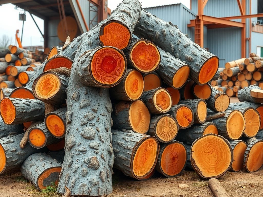 Gỗ Hương tròn vỏ dày tập kết tại bãi xưởng cưa