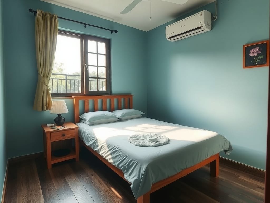 Phòng ngủ yên bình Việt Nam với giường xếp gọn gàng
