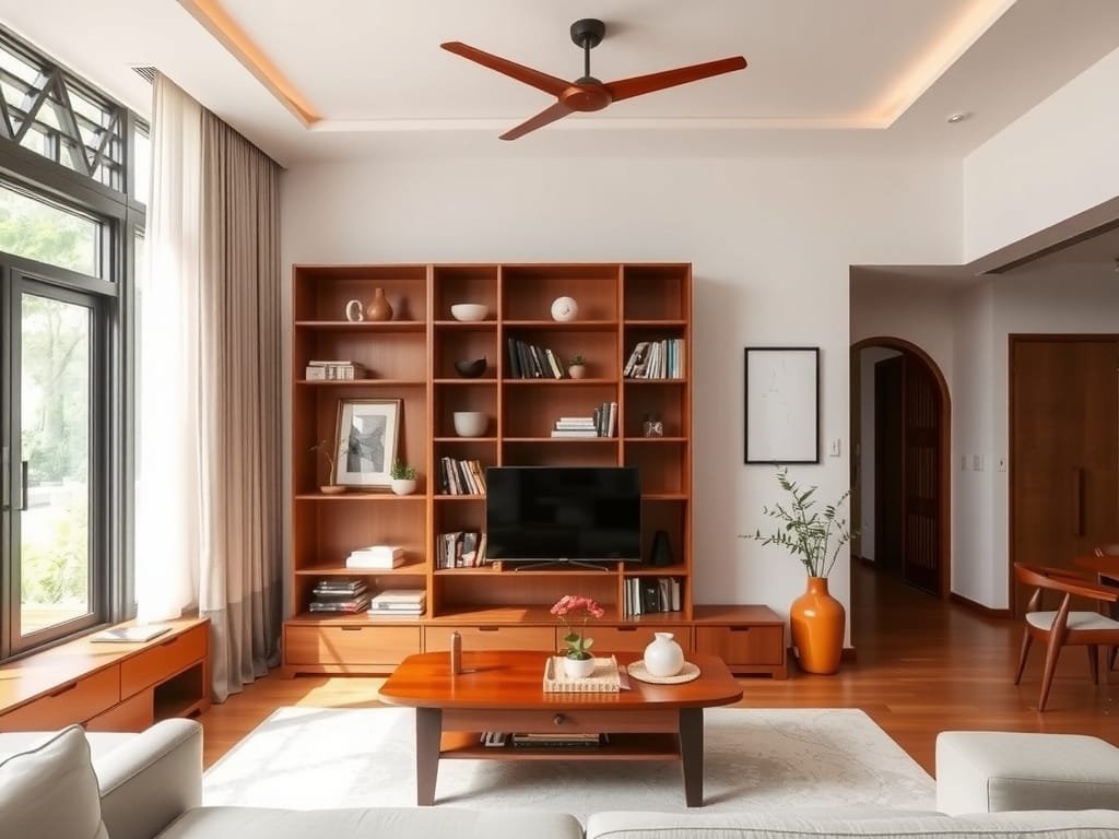 Khám Phá Gỗ Xoan Ta Là Gì? Tất Tần Tật Về Gỗ Xoan Ta Phòng khách căn hộ thành phố với kệ sách gỗ Xoan Ta.