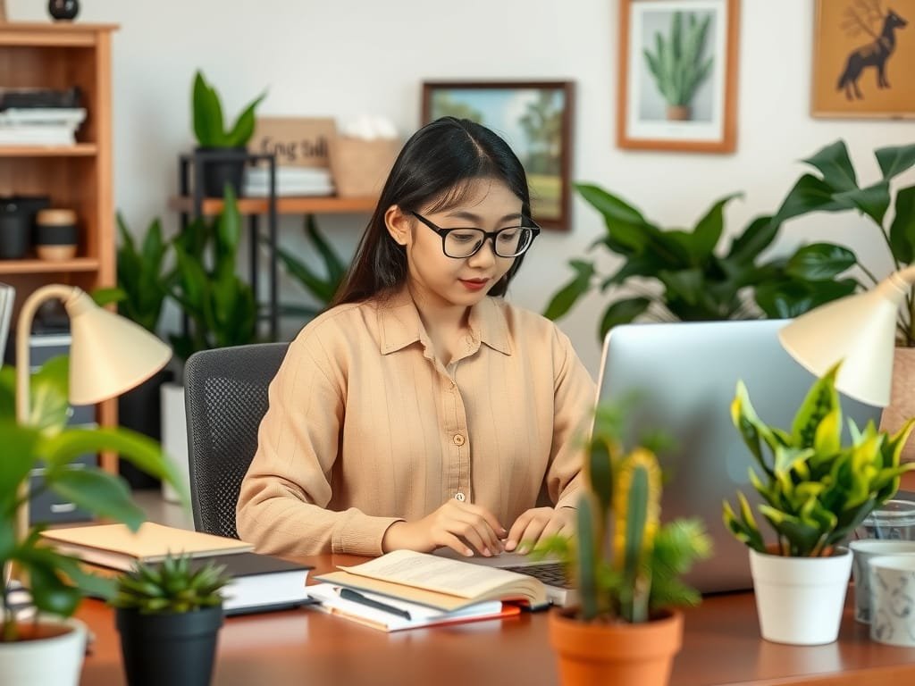 7 Cách Đặt Bàn Làm Việc Thu Hút Tài Lộc Cho Không Gian Sống Người Việt Nam làm việc tại bàn được bố trí với thiên nhiên.