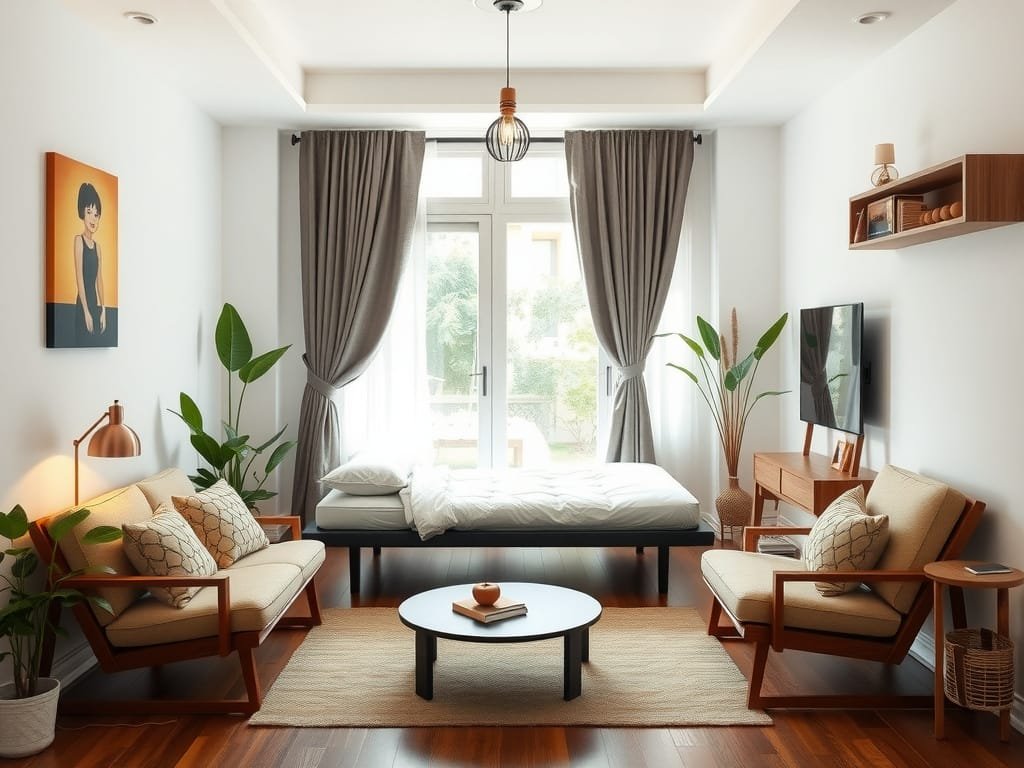 Khu vực sống sáng sủa của Việt Nam với giường xếp hiện đại