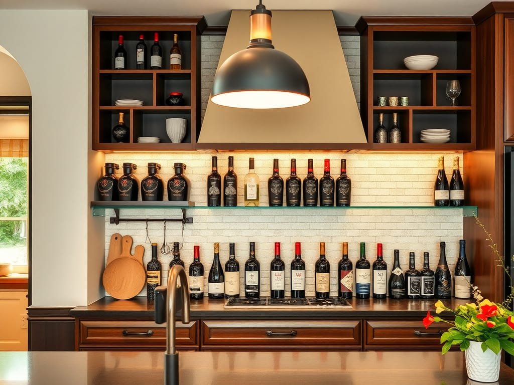 Trưng bày chai rượu thanh lịch trong nhà bếp phong cách Việt.