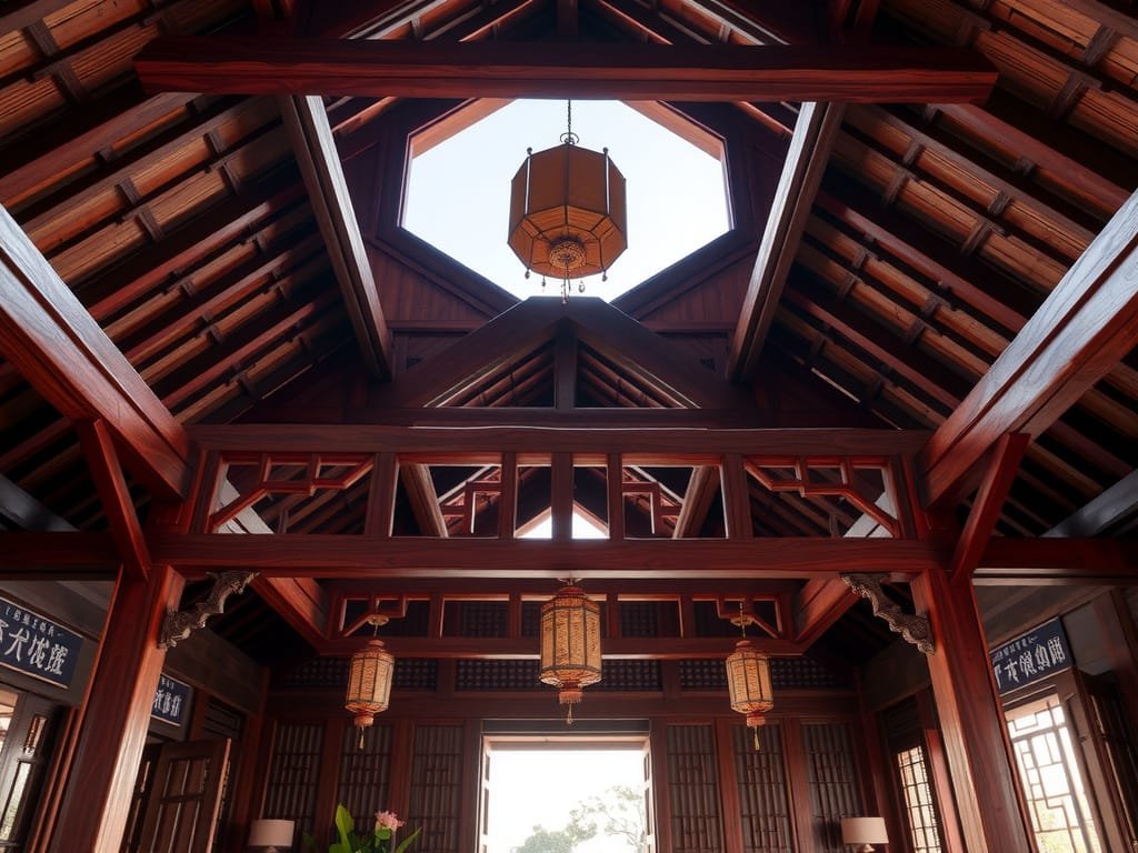 Khám Phá Gỗ Xoan Ta Là Gì? Tất Tần Tật Về Gỗ Xoan Ta Nội thất nhà truyền thống Việt Nam với xà ngang gỗ Xoan Ta.