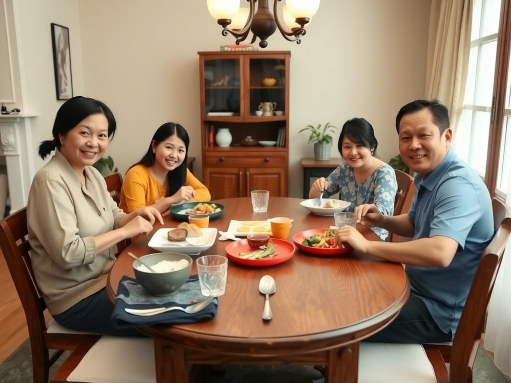 Gỗ Sồi là gì? Khám Phá Đặc Điểm và Ứng Dụng Nội Thất Gỗ Sồi Gia đình Việt dùng bữa quanh bàn ăn gỗ sồi trong phòng ăn sáng sủa