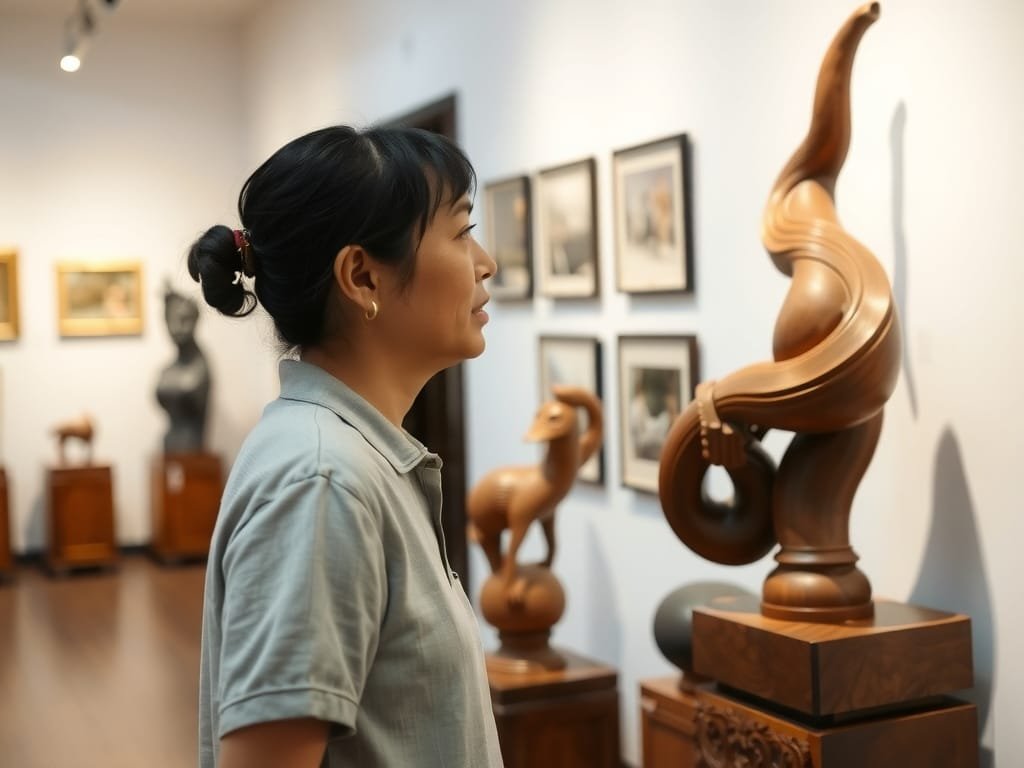 Người Việt Nam chiêm ngưỡng tượng gỗ lim thủ công trong triển lãm.