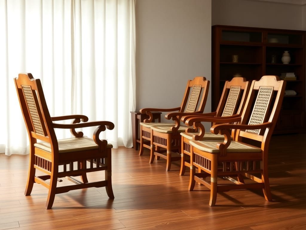 Bộ ghế gỗ Việt Nam trong căn phòng rộng rãi