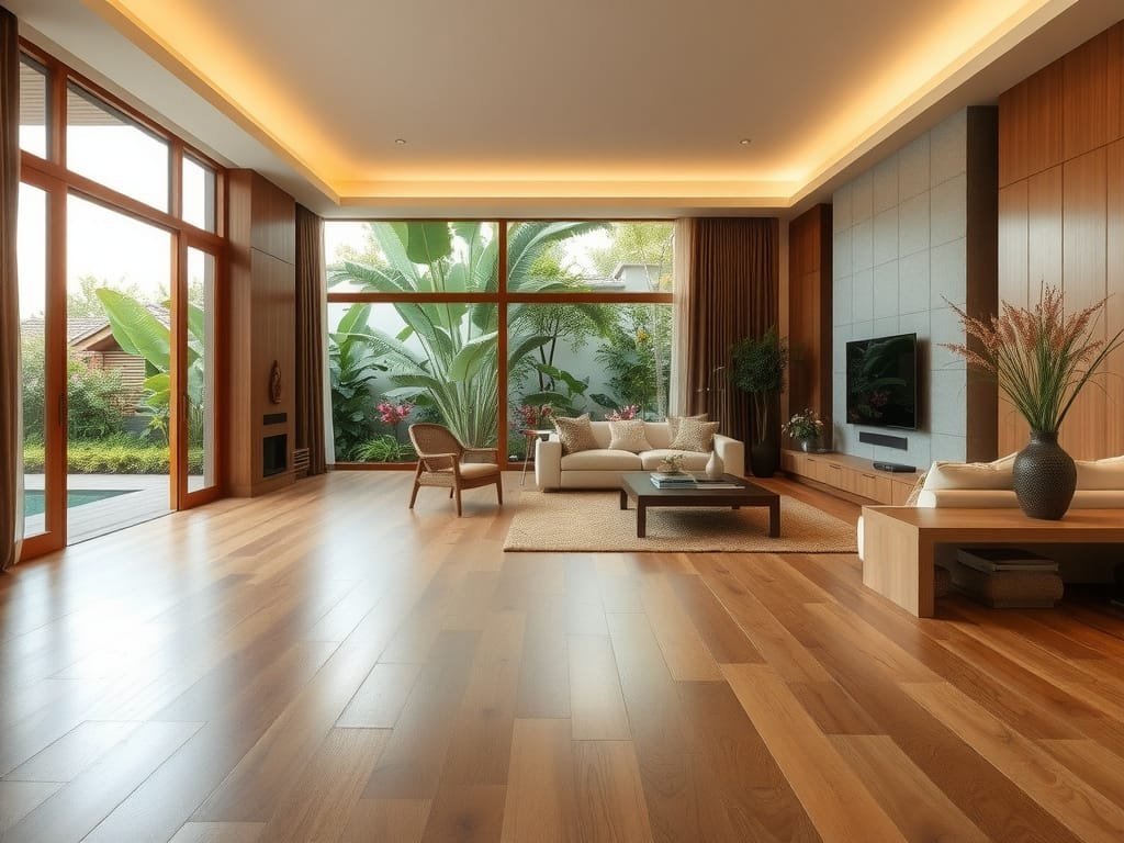 Gỗ Sồi là gì? Khám Phá Đặc Điểm và Ứng Dụng Nội Thất Gỗ Sồi Sàn gỗ sồi trong phòng khách lớn, nhìn ra vườn nhiệt đới Việt Nam