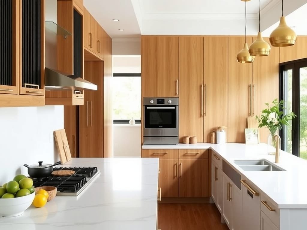 Phòng bếp Việt Nam phù hợp gia đình với tủ bếp và mặt bàn gỗ lim.