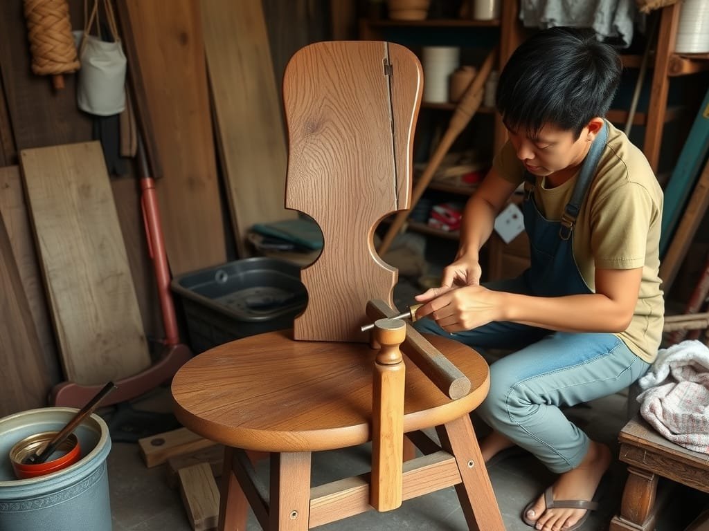 Gỗ Sồi là gì? Khám Phá Đặc Điểm và Ứng Dụng Nội Thất Gỗ Sồi Thợ thủ công Việt Nam chế tác ghế gỗ sồi bằng dụng cụ truyền thống