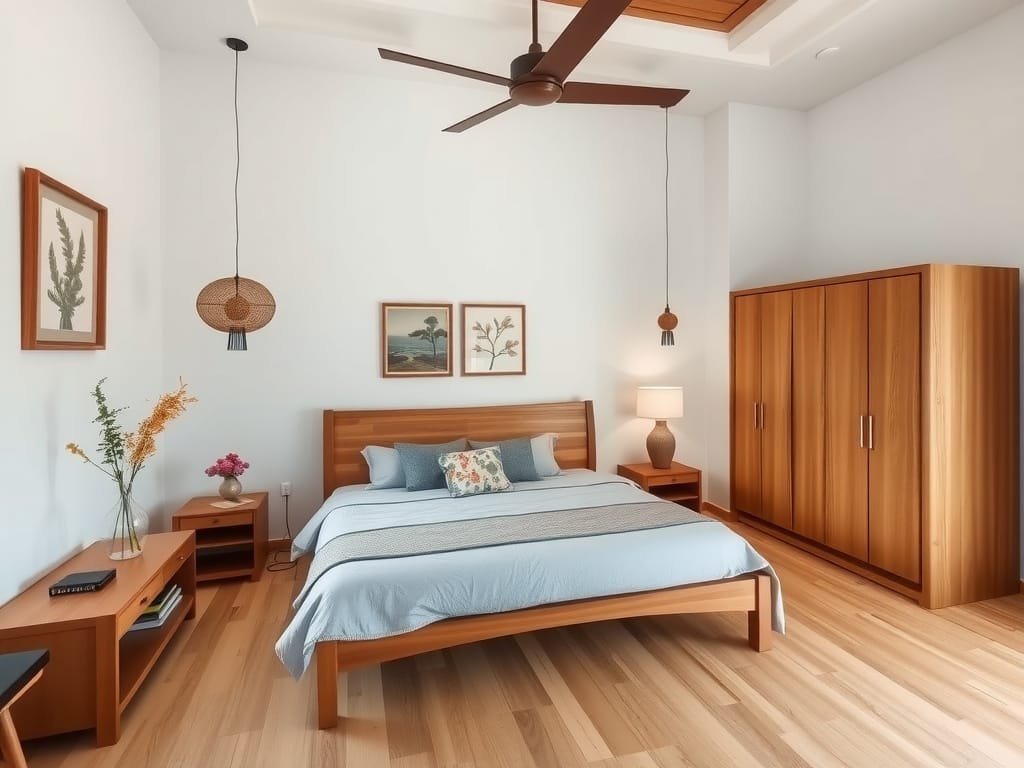 Phòng ngủ Việt Nam thanh bình với khung giường và trang trí gỗ lim.