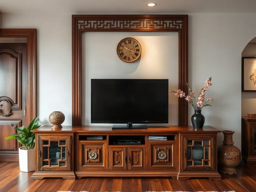 8 Cách Sử Dụng Kệ Tivi Hiệu Quả Hơn Cho Không Gian Sống Kệ tivi phong cách vintage kết hợp yếu tố truyền thống và hiện đại trong nhà Việt.