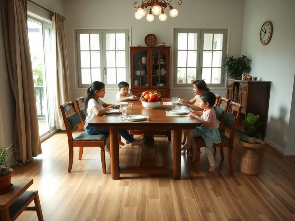 Không gian ăn gia đình thoải mái trong nhà Việt Nam với bàn ăn rộng.
