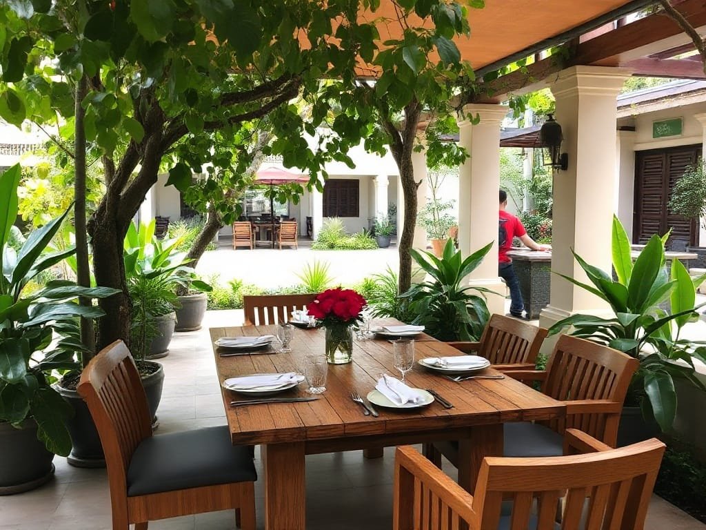 Không gian ăn ngoài trời trong vườn Việt Nam với bộ bàn gỗ bền.