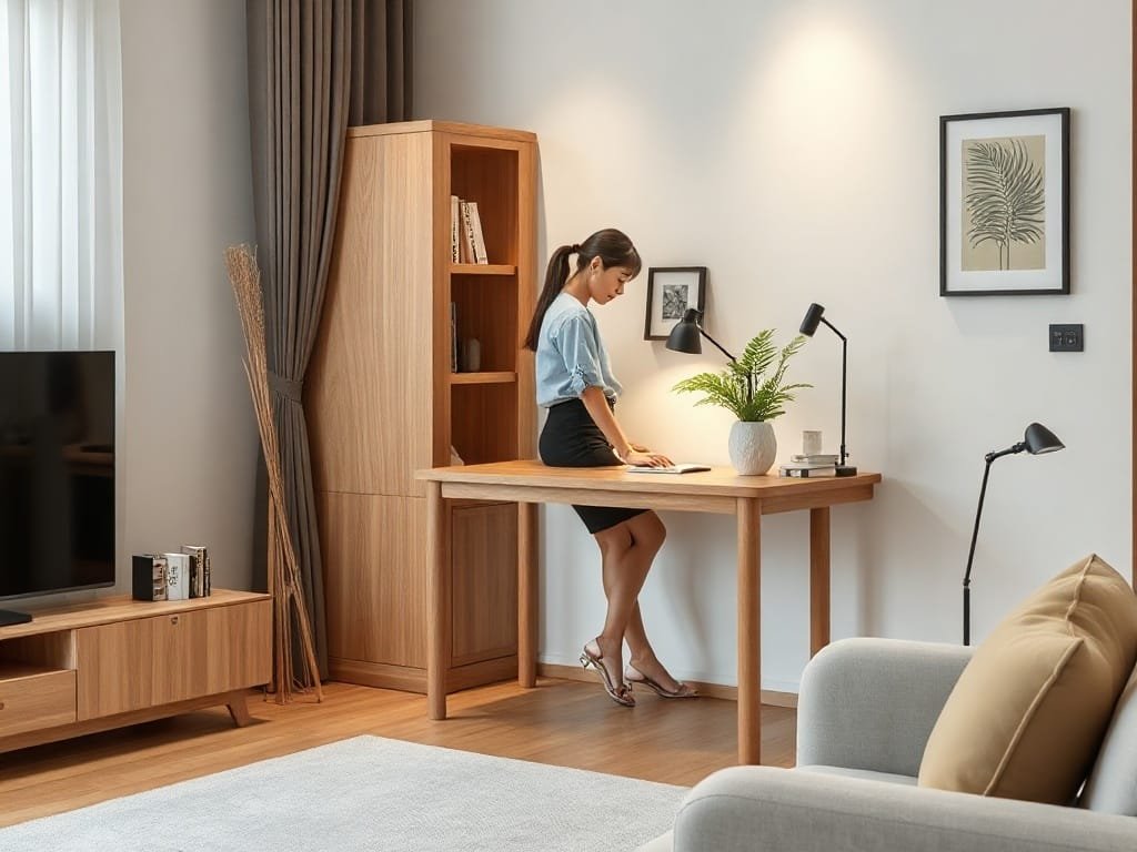 Không gian làm việc hiện đại với bàn gỗ tiết kiệm diện tích.