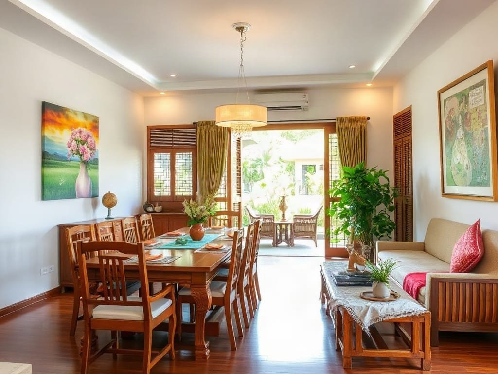 Khu ăn uống với bộ bàn ghế gỗ gõ đỏ Campuchia trong nhà Việt.