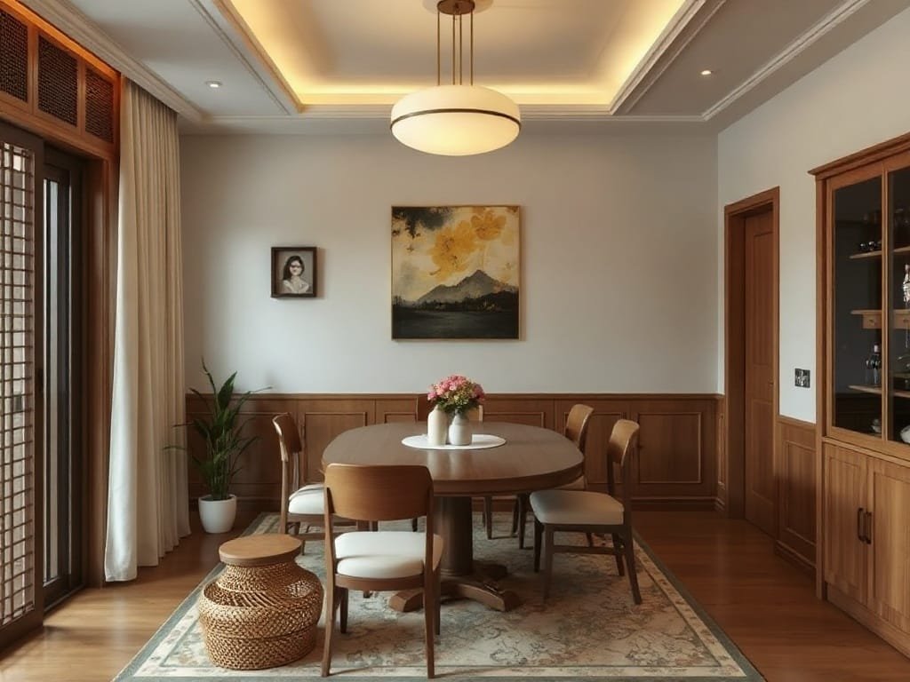 6 Mẹo Cải Thiện Tủ Rượu Phòng Chật Giúp Tối Ưu Không Gian Hiệu Quả Khu vực ăn tối của gia đình Việt bao gồm tủ rượu nhỏ tinh tế.
