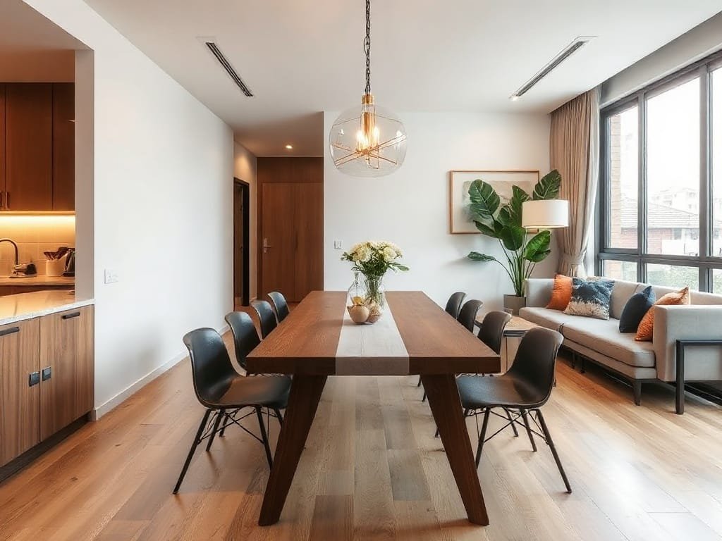 Khu vực ăn uống hiện đại trong căn hộ Việt Nam với bàn gỗ tinh tế.