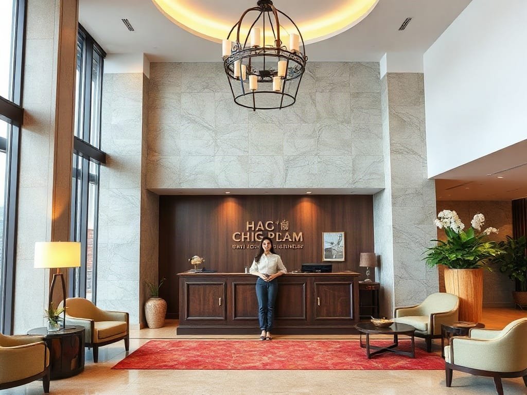 Khu vực lễ tân ấm cúng với người Việt Nam chào khách.