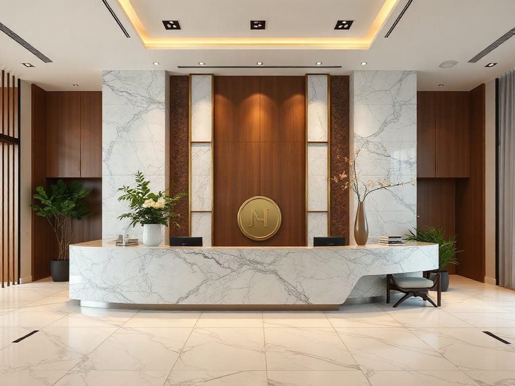 Khu vực lễ tân hiện đại với kết hợp đá cẩm thạch và gỗ tại trung tâm kinh doanh Việt Nam.