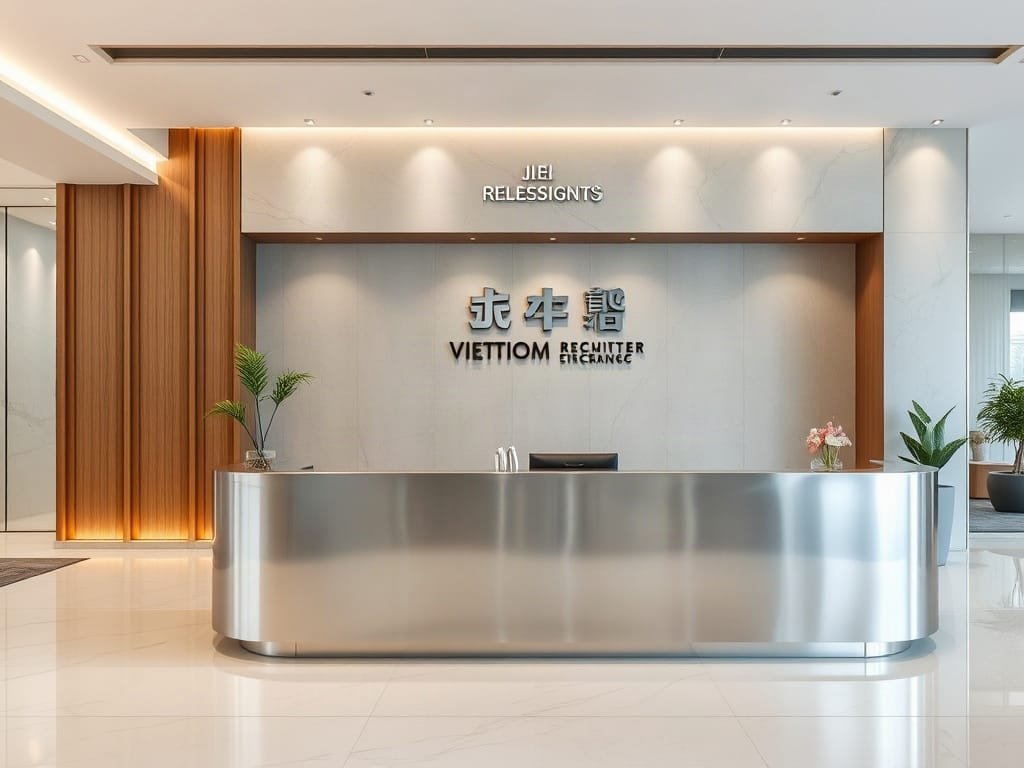 Khu vực lễ tân tinh tế với quầy nhôm hiện đại tại Việt Nam.