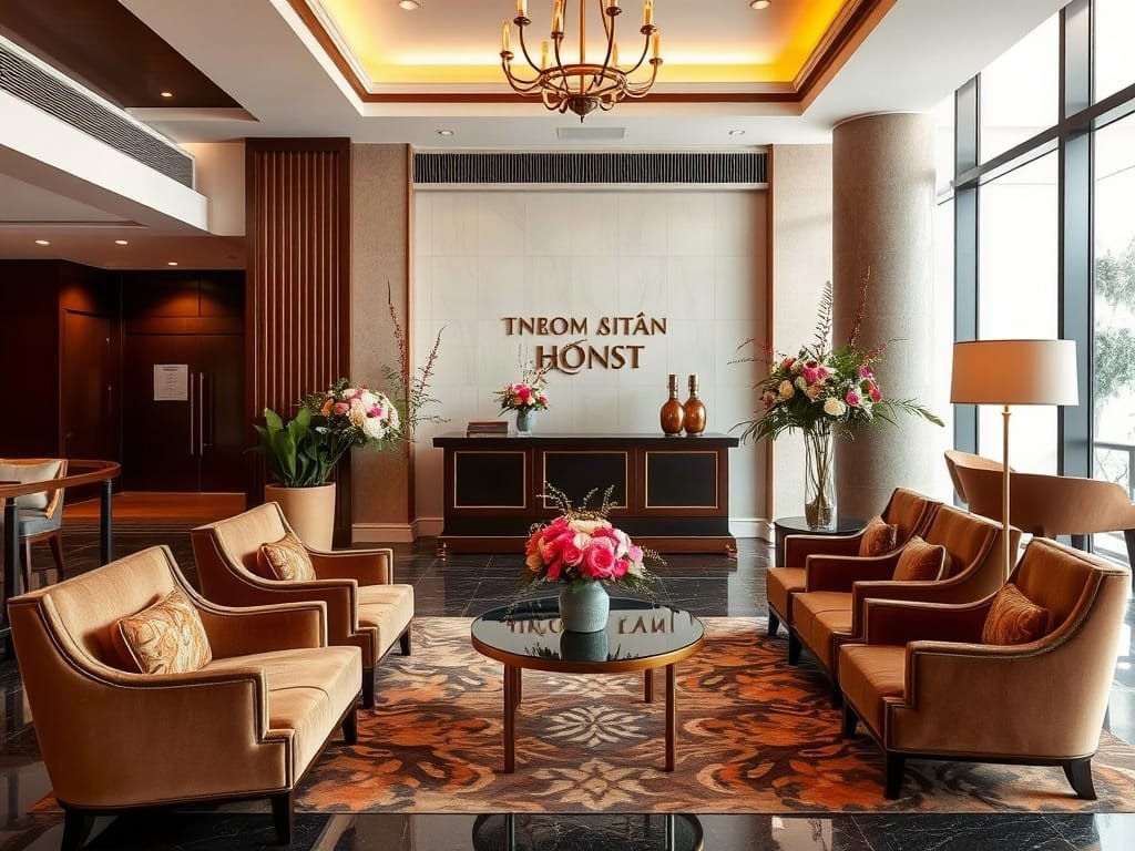 Khu vực lễ tân với ghế ngồi sang trọng và bày trí hoa khách sạn Việt Nam.