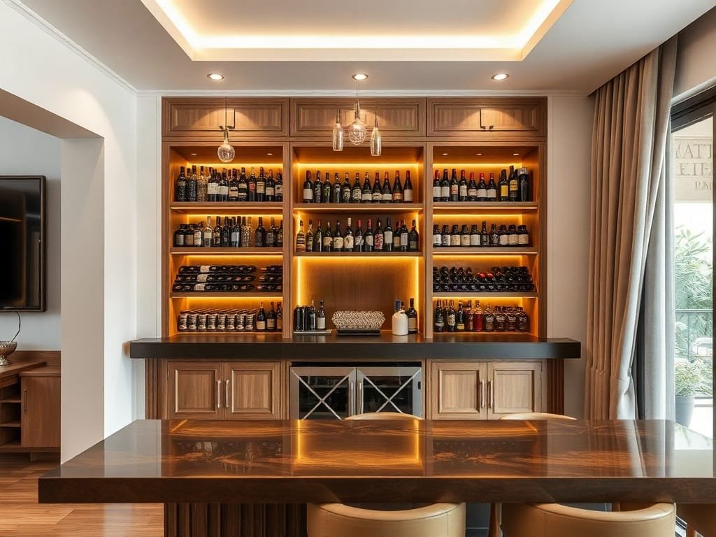 8 Bước Trang Trí Tủ Rượu Cá Tính Cho Ngôi Nhà Sang Trọng Khu vực quầy bar tại nhà ở Việt Nam với lưu trữ rượu cá nhân hóa