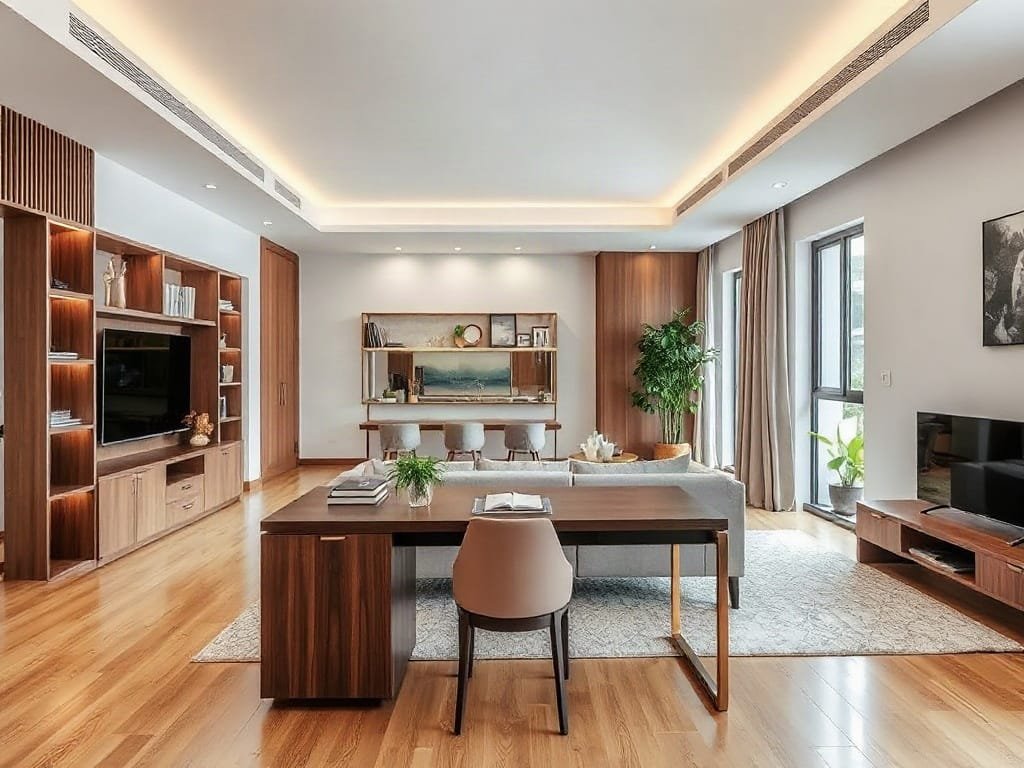 5 Lý Do Nên Dùng Bàn Làm Việc Thông Minh Cho Không Gian Hiện Đại Khu vực sinh hoạt mở tại nhà Việt Nam với bàn thông minh làm điểm nhấn.