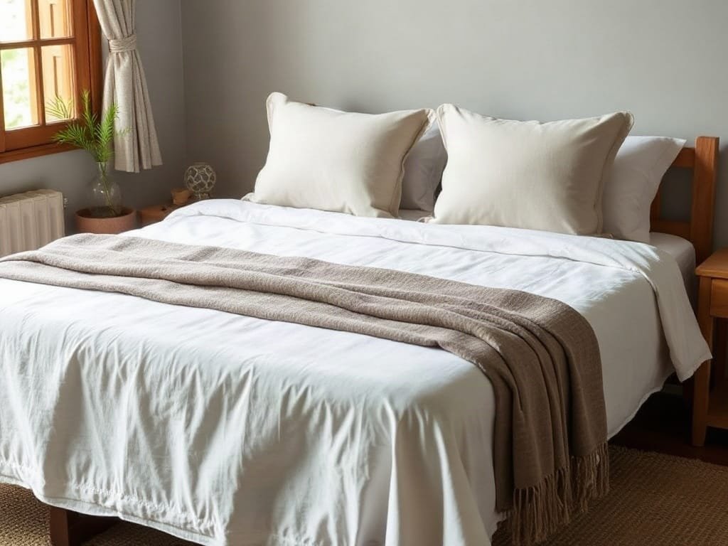 Lắp ráp ga gối trên giường gỗ trong phòng ngủ nhà Việt Nam