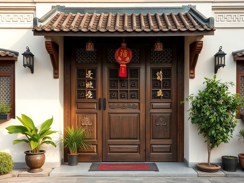 Lối vào biệt thự với cửa gỗ Hương Xám