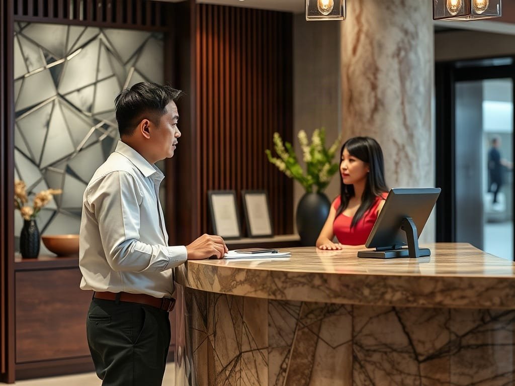 Người đàn ông Việt nói chuyện với lễ tân tại quầy đá phong cách.