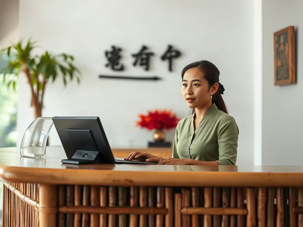 Người phụ nữ Việt làm việc tại quầy lễ tân khung tre.